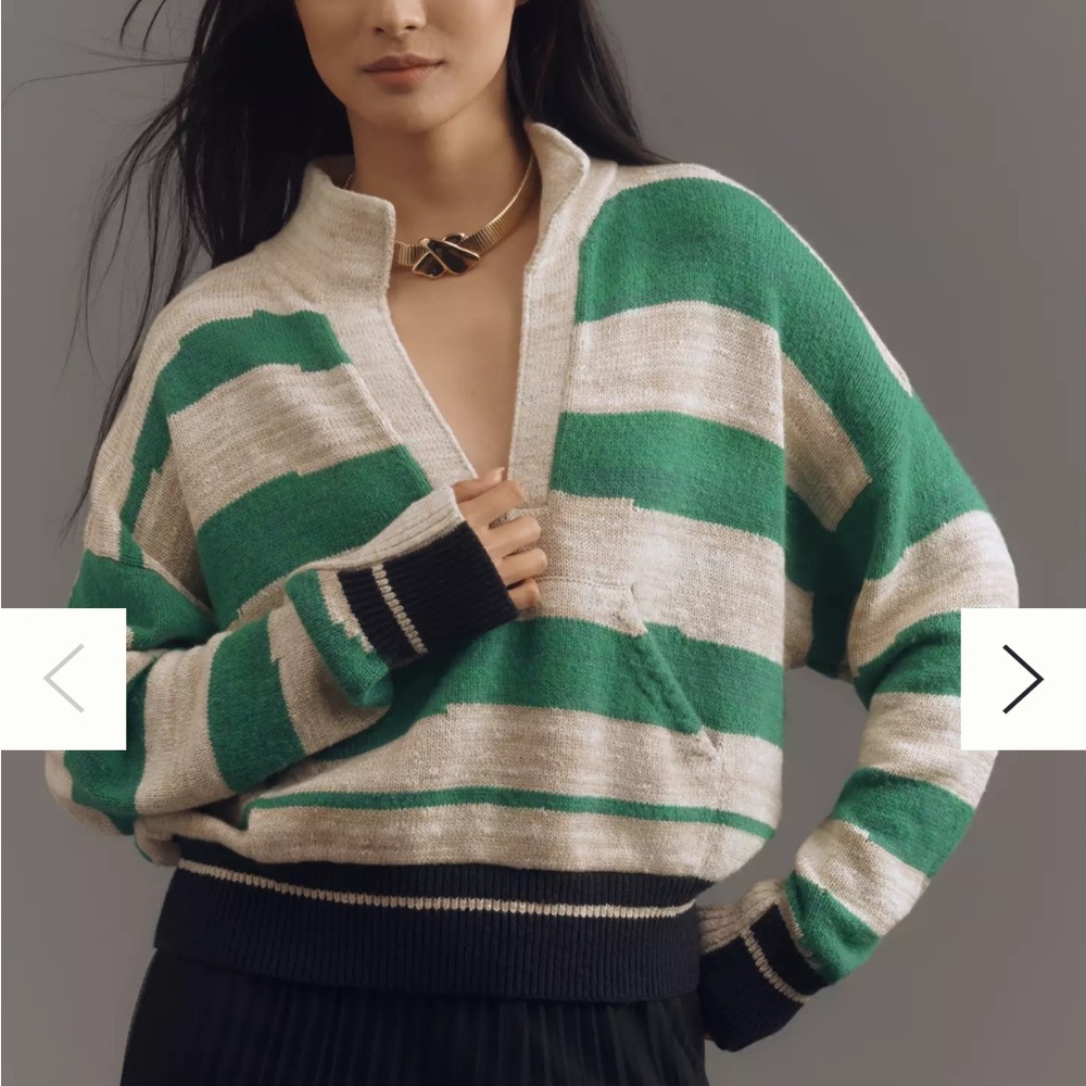 Pilcro Green and Cream V-Neck Sweater